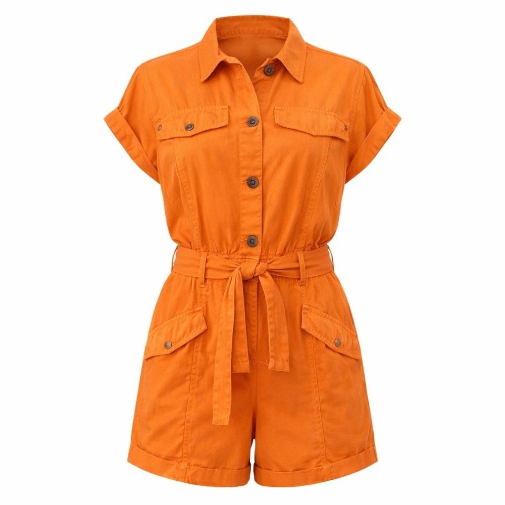 River Island Womens Romper 12 Orange Denim Belted One Piece Playsuit Retro Fun